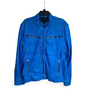Genuine Leather Distressed Look Cafe Racer Jacket Zip Front & Sleeves Blue Large
